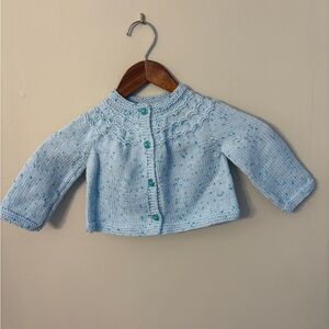 New Hand-Knit Baby Cardigan in Light Blue With Pearl Buttons